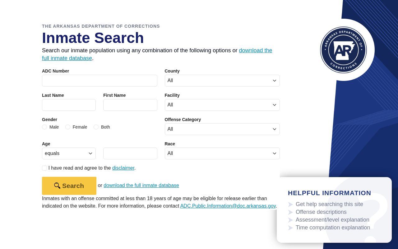 Arkansas Division of Correction inmate search interface