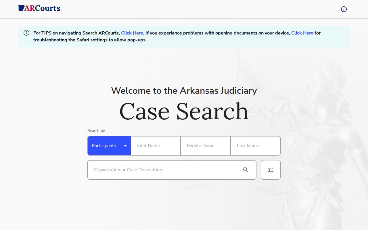 Search ARCourts public case lookup interface