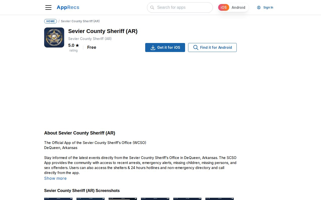 Sevier County Sheriff Arkansas mobile app listing